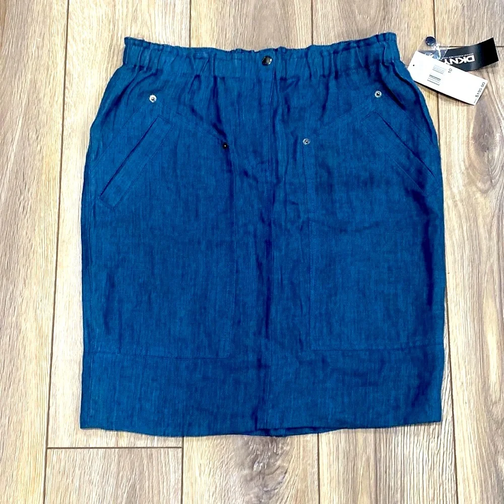 NWT DKNY 100% Linen Denim Blue Elastic Waist Knee Length Skirt 10 - Picture 1 of 16